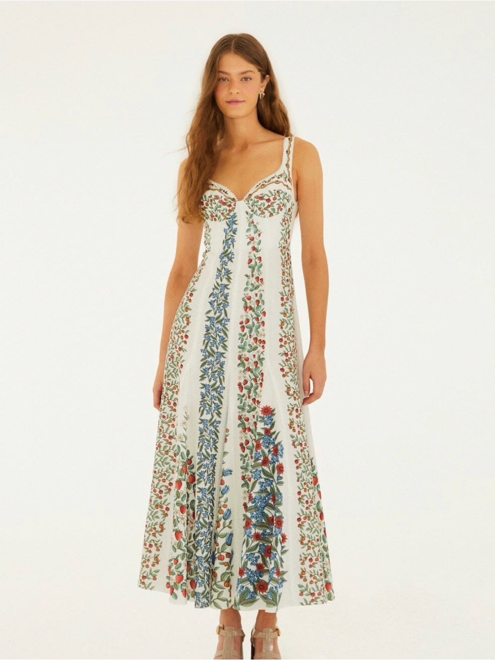 FARM Rio Cream Maxi Dress with Blue & Green Floral Stripes